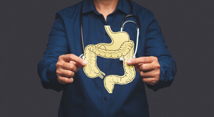 Hand of the doctor holding a colon symbol while standing on a gray background