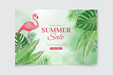 Tropical leaves background vector. Summer Sale banner design with flower and leaf. Hand drawn colorful palm leaf, flamingo bird,  floral line art design for wallpaper, cover, cards and packaging.