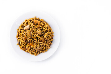 Traditional Spanish fideua. Noodle paella isolated on white background. Top view. Copy space