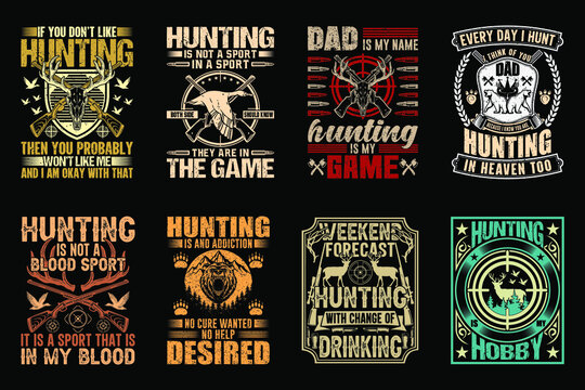 Hunting Tshirt vector art design set, Vintage hunting t-shirts illustration bundle
