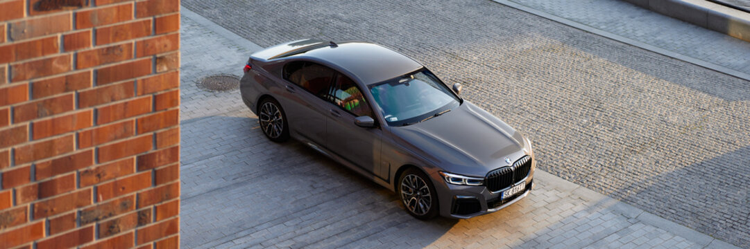 Grey BMW 740D xDrive, view from above. G12 model, 340 HP engine, acceleration 0-100 km-h - 5s Katowice, Poland, 12.06.2021