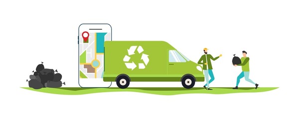 Environmental protection illustration set. Characters collecting plastic trash. Trying reduce co2 emission. Working green recycling industry. Vector.