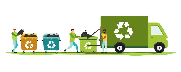 Environmental protection illustration set. Characters collecting plastic trash. Trying reduce co2 emission. Working green recycling industry. Vector.