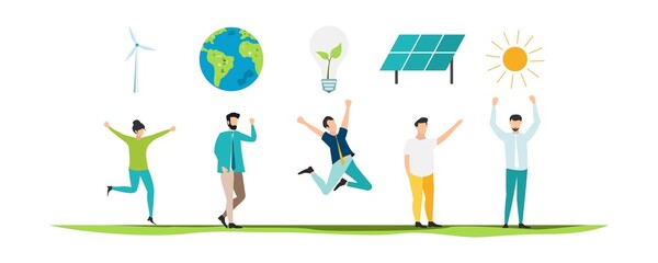 Eco life. Solar panels. People live eco life. Vector.