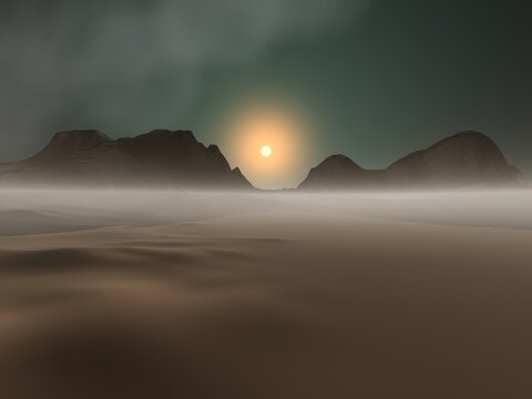 Sunset in the desert, a winter landscape, snow on the ground, fog and mountains in the background.