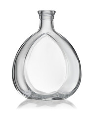 Front view of empty clear glass alcohol bottle