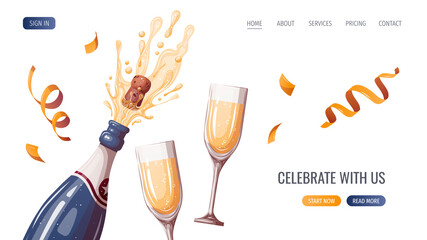 Champagne, glass, serpentine. Birthday party, celebration, holiday, event, festive, congratulations concept. Vector illustration. Website, banner template.
