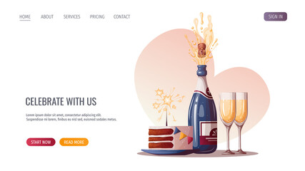 Champagne, glasses, Birthday cake with sparkler. Birthday party, celebration, holiday, event, festive, congratulations concept. Vector illustration. Website, banner template.