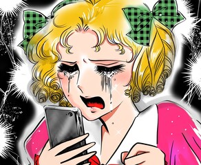 70年代少女漫画金髪にリボンの美少女突然の別れのメールに大泣き取り乱すカラーイラストと稲妻背景
