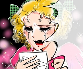 70年代少女漫画別れの手紙を読んで泣き叫ぶ金髪縦ロールのお嬢様のカラーイラスト