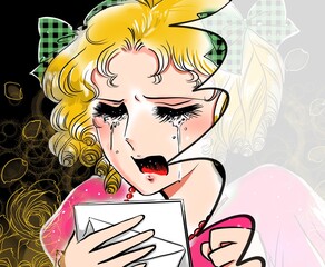 70年代少女漫画別れの手紙を読んで泣き叫ぶ金髪縦ロールのお嬢様のイラスト