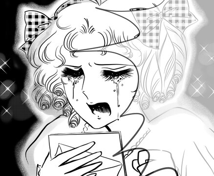 70年代少女漫画別れの手紙を読んで泣き叫ぶ金髪縦ロールのお嬢様の白黒イラスト