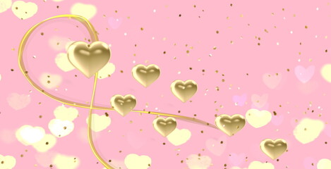 Valentine day  festive pink background gold heart symbol  confetti and happy greetings lettering holiday ,template, copy space ,bannerspace ,banner
