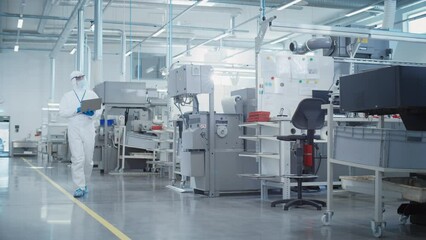 Heavy Industry Manufacturing Factory: Scientist in Sterile Coverall Walking with Laptop Computer, Examining Industrial CNC Machine Settings and Configuring Production Functionality.