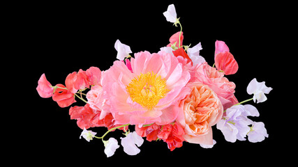 Bouquet of pink peonies and roses closeup isolated on a black background