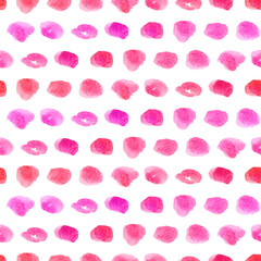 Seamless pattern of pink and blush watercolor circles. Hand painted Spots on a white background. Round. Isolated. Blobs of different colors. Abstract