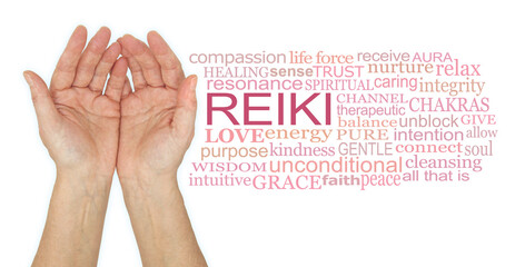 Humble reiki healing hands word cloud - female cupped hands beside REIKI word cloud against white...