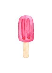 Bright popsicle on a stick, isolated on a white background. Watercolor drawing for the design and decoration of postcards and posters on food and desserts.