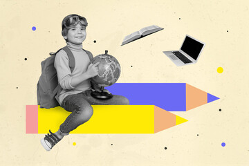 Artwork magazine picture of small boy flying ukrainian flag pencil rocket education universe...