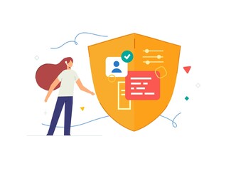 Webfemale operator stands next to the shield, data protection