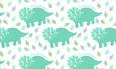 Cute childish seamless pattern with Triceratops dinosaur