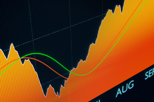 Close-up stock schart on the monitor. Stock exchange screen with index or stock graph. Stock market data and trading concept. 3D illustration