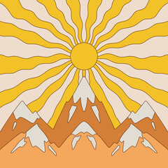 flat illustration. Abstract modern landscapes in earth tones. Modern background in boho style with mountains, sun, rainbow and clouds. minimalist wall decor. - 518087444
