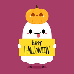 Happy halloween party greeting card with cute ghost. Holidays cartoon character. Trick or treat design with cute pumpkin. Halloween funny cartoon.
