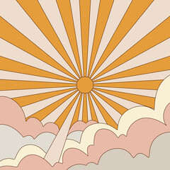 flat illustration. Abstract modern landscapes in earth tones. Modern background in boho style with mountains, sun, rainbow and clouds. minimalist wall decor. - 518087458