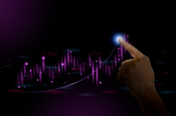 Man pointing with hand at graph of stock market financial exchange statistics and business chart of digital metaverse technology with growth economy concept.