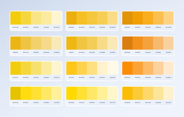 Set yellow and orange Pantone colour palette in RGB hex. Yellow colour catalogue. Colour palette for UI UX design