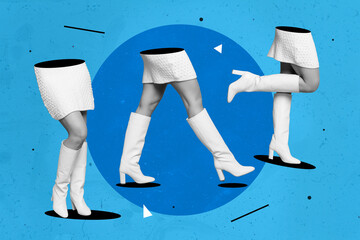 Creative retro 3d magazine image of lady legs wear white boots short mini skirt isolated drawing blue background