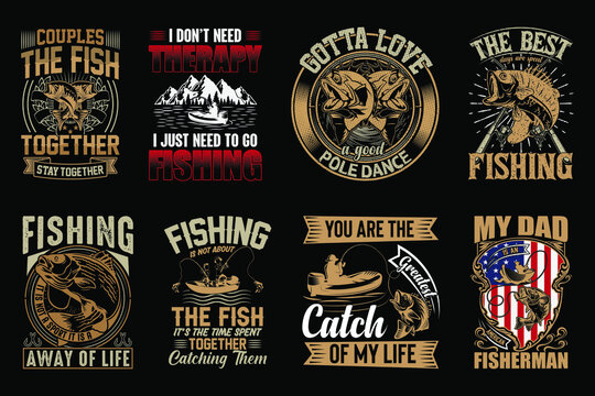 Fishing t-shirt design vector bundle, Fishing t-shirt collection, fish  lover, vector illustration, trendy fishing t-shirts Stock Vector