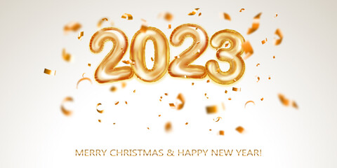 Fototapeta na wymiar Festive Christmas background with numbers 2023 of golden foil balloons and shiny pieces of serpentine. Vector illustration for posters, flyers or cards