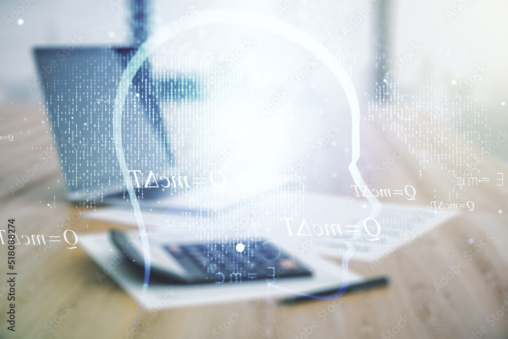 Poster abstract virtual artificial intelligence interface with human head hologram on calculator and laptop