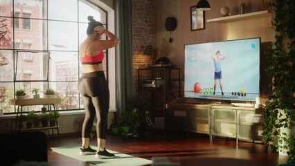 Home Training: Magnificent Plus Size Body Positive Girl Training with Personal Trainer via Online Video Tutorial. Authentic Woman Using Workout Service Fitness Streaming App for Virtual Training