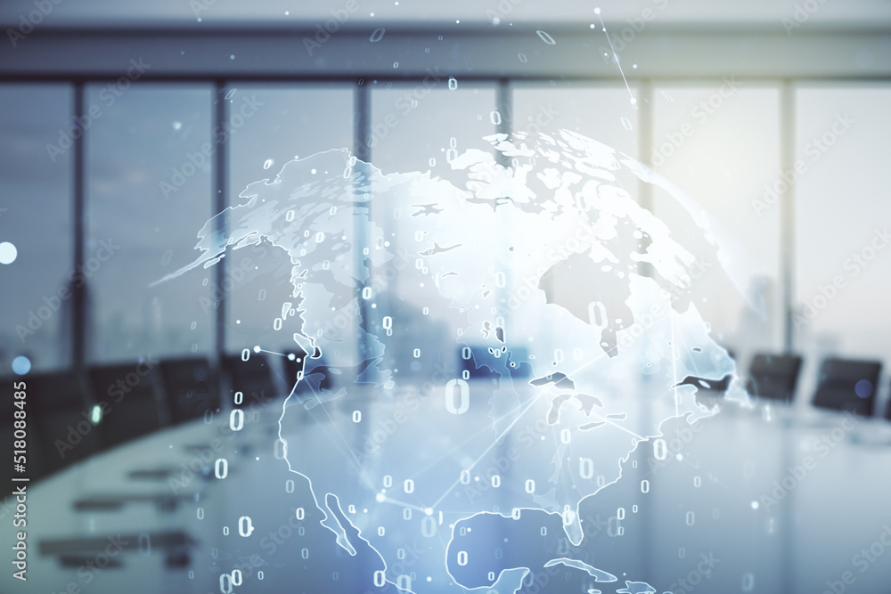 Poster multi exposure of abstract programming language hologram and world map on a modern furnished office 