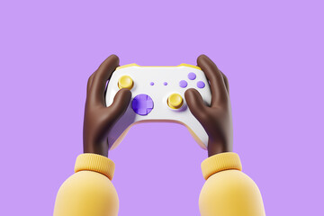 Cartoon african hands holding a joystick for playing on a console on a purple background. 3d rendering © katestudio