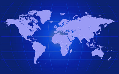 World map flat vector on blue background.  Earth, gray map template for web site pattern, anual report, inphographics. Travel worldwide, map silhouette backdrop.Globe similar worldmap icon.