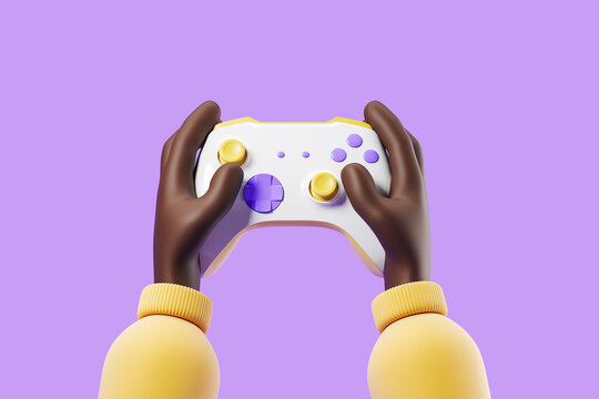Cartoon african hands holding a joystick for playing on a console on a purple background. 3d rendering
