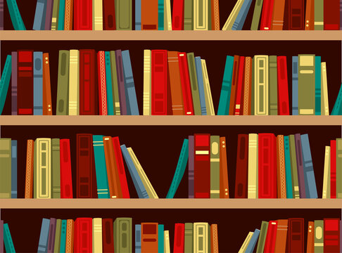 Vintage bookshelf stock pattern archive retro flat. School student wall library cover wallpaper bookstore wood rare set science fiction pile row stack wisdom textbook office study knowledge store