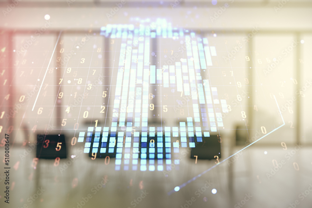 Poster Double exposure of creative Bitcoin symbol hologram on a modern boardroom background. Mining and blockchain concept