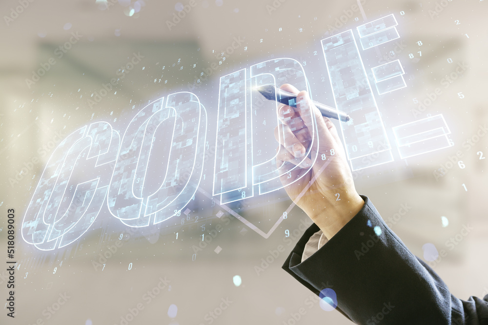 Poster man hand with pen writes code word hologram on blurred office background, artificial intelligence an
