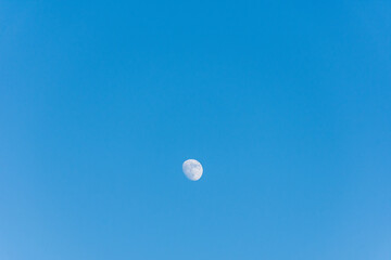 Moon against blue sky in the countryside.