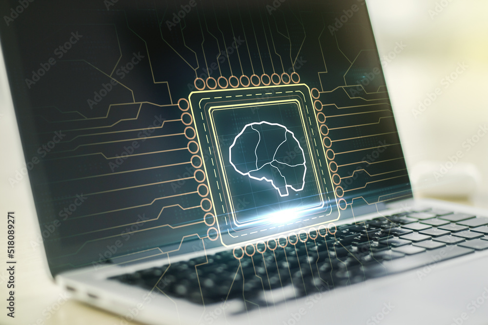 Poster creative artificial intelligence concept with human brain sketch on modern computer background. doub