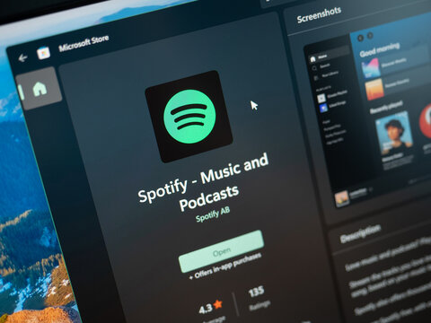 Galati, Romania - June 19, 2022: Spotify application available on Microsoft Store for Windows 11