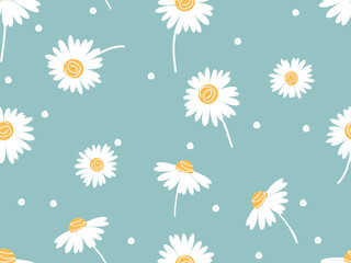 Seamless pattern with daisy flower and dots on green background vector.