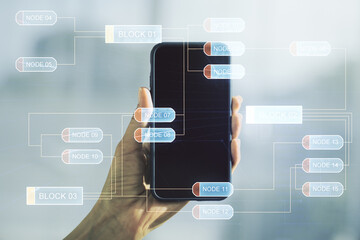 Multi exposure of abstract graphic coding sketch and hand with mobile phone on background, big data and networking concept
