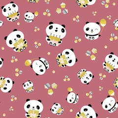 Kawaii panda Happy Birthday vector seamless pattern background. Cute backdrop with laughing cartoon bears holding cakes, balloons, cupcakes. Pink design. For baby and kids birthday celebration