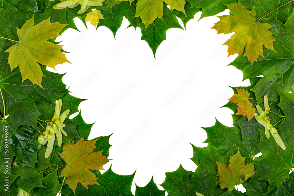 Wall mural a heart-shaped frame made of multicolored maple leaves. copy space